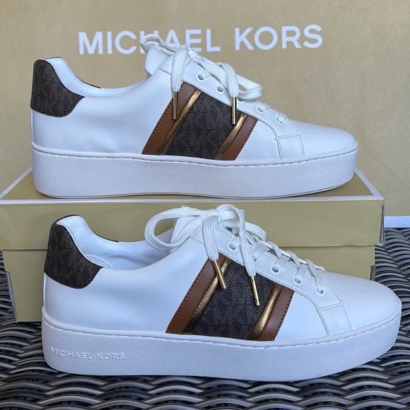 Michael Kors Poppy Stripe Lace Up Nappa Faux Leather WMNS Optic White/Brown - Picture 8 of 16